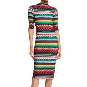 Alice & Olivia Delora Geo Striped Mock Neck Fitted Bodycon Midi Dress Size 4